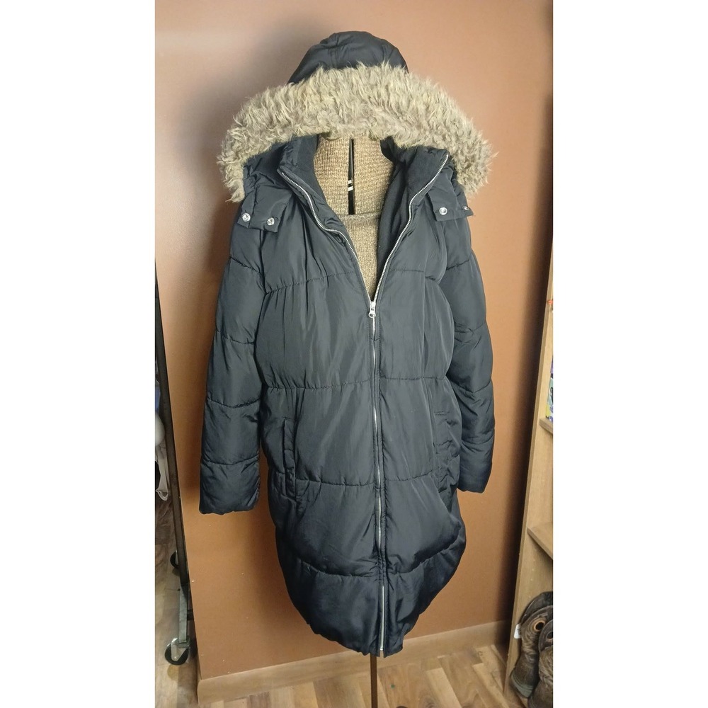 Old Navy Womens XL Black Longline Puffer Parka Jacket Faux Fur Hood Fleece Lined